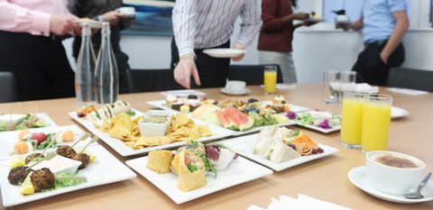 Meeting room London Catering: Food platters with wraps, sandwiches, fruits and crisps