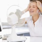 Businesswoman in office with computer and fan cool