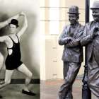 Compedy couple Laurel and Hardy and their statues with their dog Gracy in Ulverston Cumbria